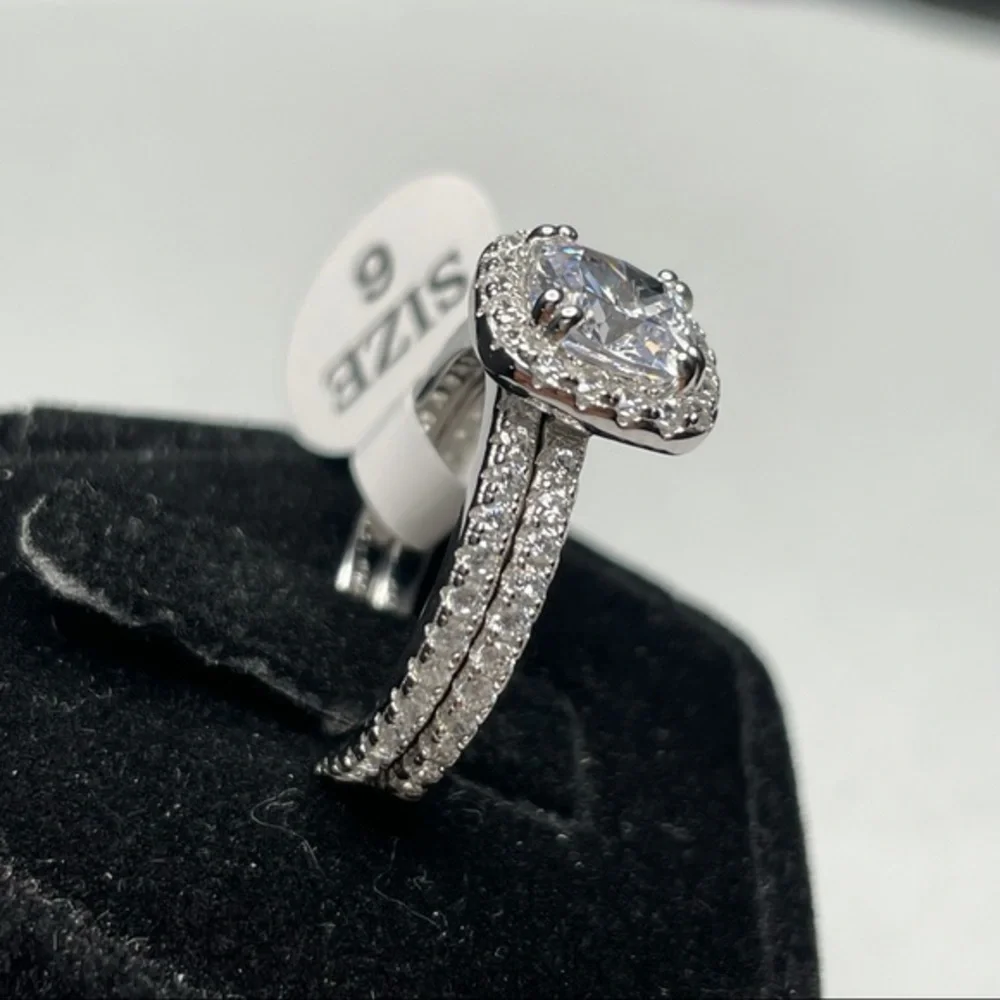 925 Sterling Silver Cushion Cut Halo Diamond 2 Band Wedding‎ Ring Set 6